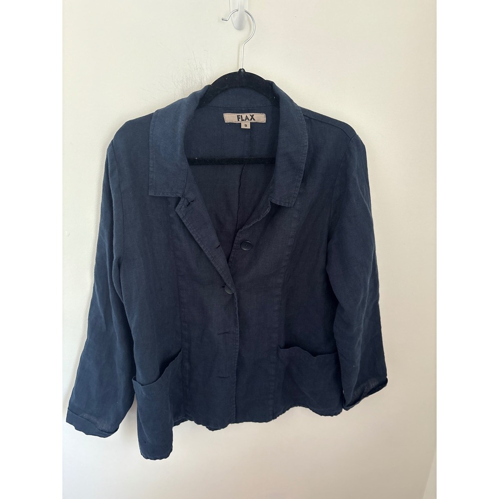 Flax Navy Blue 100% Linen Button Front Blazer Jacket Small Made in Lithuania